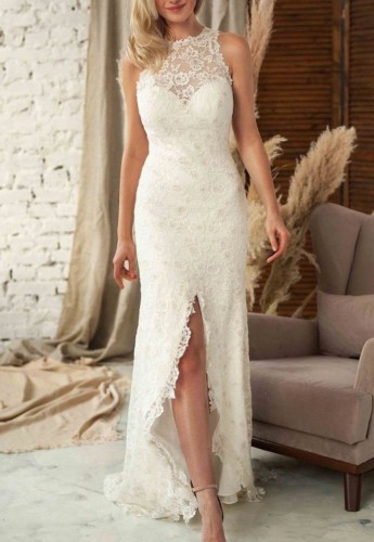 White Overall Lace O-Neck Sleeveless Slit Long Wedding Dress