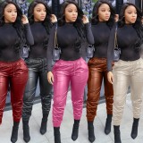 Rose Drawstrings Leather Pants with Pocket