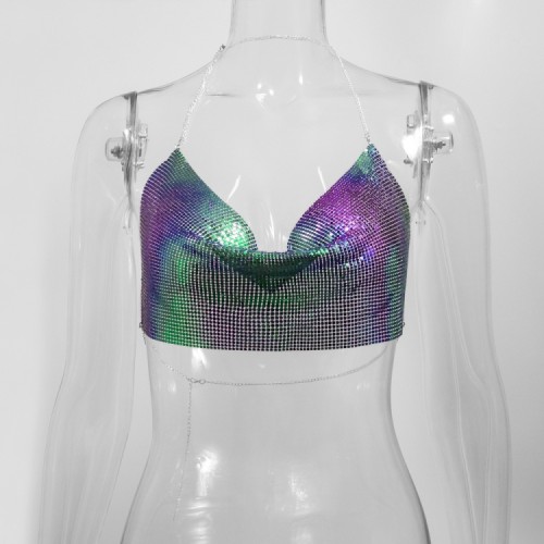Shiny Multicolor Metal Chain Backless NightTube Crop Top