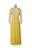 Yellow Applique Plunge Neck Sleeveless High Slit Maxi Dress