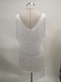 White V-Neck Sleeveless Tassel Mini Dance Dress