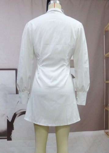 White Button Open High Neck Long Sleeve A-line Mini Blouse Dress