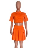 Orange Short Sleeve Crop Top and High Waist Pleated Skirt 2PCS Set