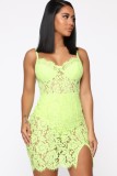 Green Floral Lace Translucent Cami Slit Mini Dress