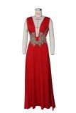 Red Applique Plunge Neck Sleeveless High Slit Maxi Dress