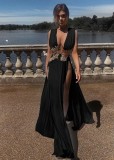 Black Applique Plunge Neck Sleeveless High Slit Maxi Dress