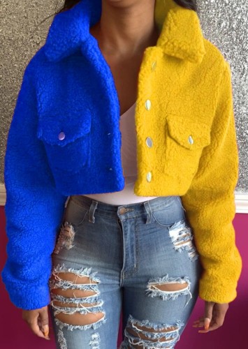 Blue and Yellow Contrast Fleece Long Sleeves Short Jacket