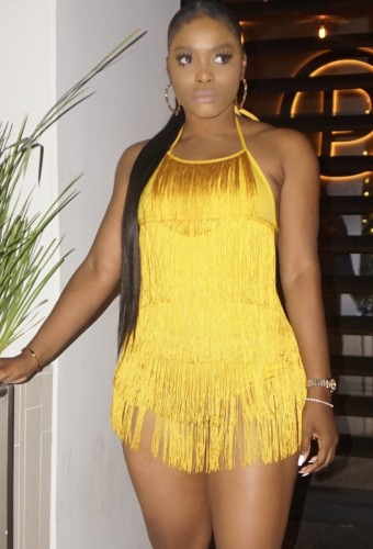 Yellow Halter Backless Cami Fringe Dance Playsuit