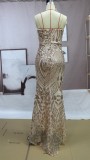 Golden Sequins Sweetheart Collar Cami Split Mermaid Maxi Dress