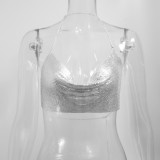 Shiny Silver Metal Chain Backless NightTube Crop Top