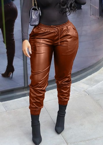 Brown Drawstrings Leather Pants with Pocket