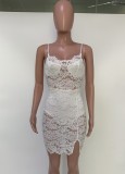 White Floral Lace Translucent Cami Slit Mini Dress