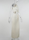 Beige One Shoulder Metal-Ring Cut Out Side Slit Long Dress