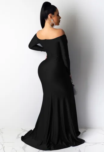 Black Off Shoulder Long Sleeve Side SPlit Mermaid Maxi Dress