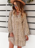 Khaki Leopard Print Puff Long Sleeve Loose Mini Dress