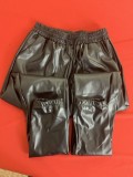Black Drawstrings Leather Pants with Pocket