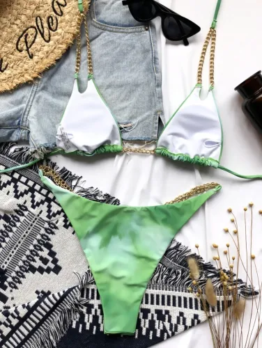 Green Tie Dye Metal Chains Cami Halter Bikini Two Piece Set