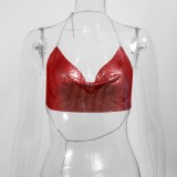 Shiny Red Metal Chain Backless NightTube Crop Top