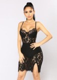 Black Floral Lace Translucent Cami Slit Mini Dress