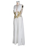 White Applique Plunge Neck Sleeveless High Slit Maxi Dress