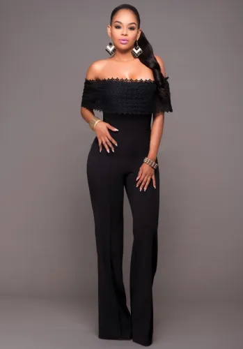 Black Lace Off Shoulder Short Sleeve Jumpsuit
