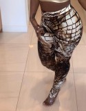 Snake Print Brown High Waist Tight Pants