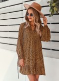 Brown Leopard Print Puff Long Sleeve Loose Mini Dress