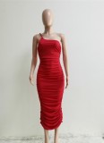 Red Single Shoulder Sleeveless Ruched Maxi Dress