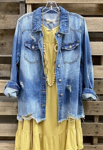 Blue Ripped Button Open Long Sleeves Denim Blouse
