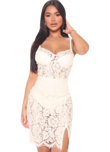 White Floral Lace Translucent Cami Slit Mini Dress