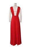 Red Applique Plunge Neck Sleeveless High Slit Maxi Dress