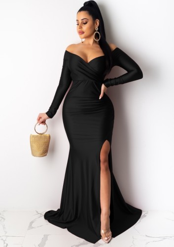 Black Off Shoulder Long Sleeve Side SPlit Mermaid Maxi Dress
