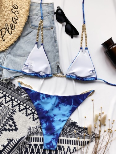 Blue Tie Dye Metal Chains Cami Halter Bikini Two Piece Set