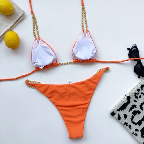 Orange Metal Chains Cami Halter Bikini Two Piece Set