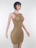 Nude Rhinestone Mesh O-Neck Sleeveless Mini Skinny Dress