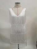 White V-Neck Sleeveless Tassel Mini Dance Dress