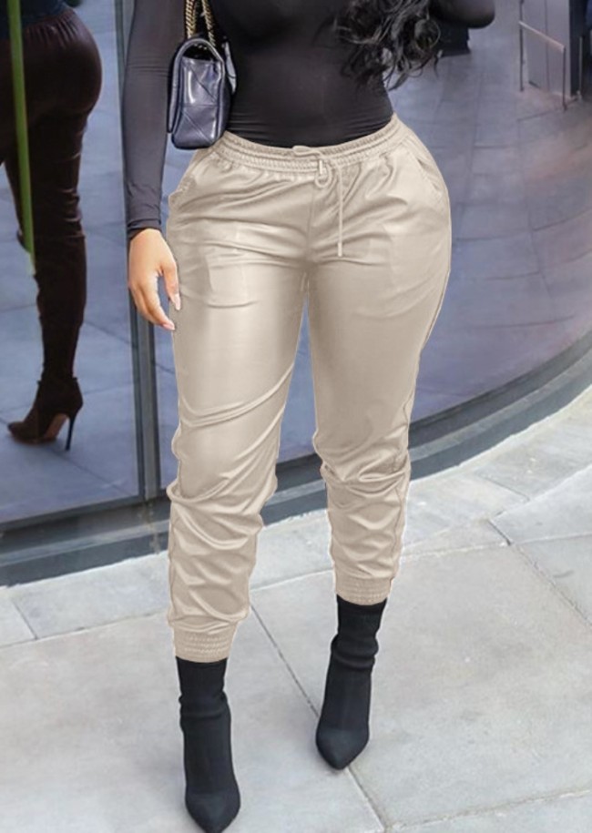 Beige Drawstrings Leather Pants with Pocket