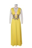 Yellow Applique Plunge Neck Sleeveless High Slit Maxi Dress
