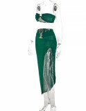 Green Metal-Ring Crop Bandeau Top and Slit Maxi Skirt 2PCS Sets