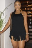 Black Halter Backless Cami Fringe Dance Playsuit