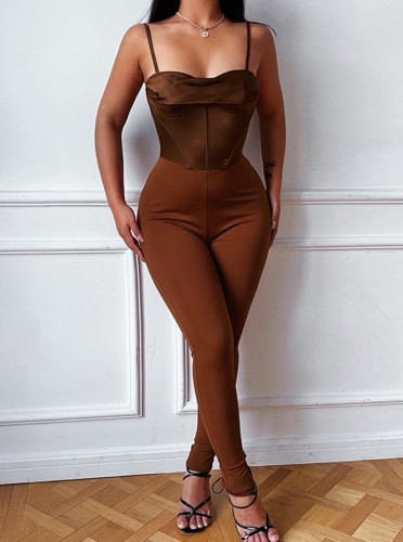 Brown Cami Bustier Bodysuit and High Waist Pants 2PCS Set