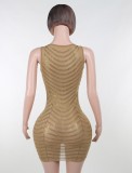 Nude Rhinestone Mesh O-Neck Sleeveless Mini Skinny Dress