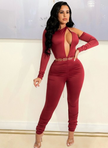 Red Silk O-Neck Cut Out Long Sleeve Ruched Tight Jumpsuit