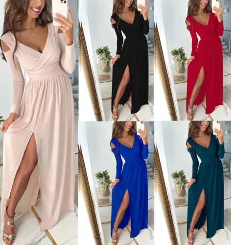 Pink Long Sleeves V-Neck Split Long Tunic Dress