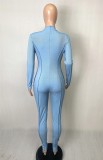 Blue Ribbed Scoop Neck Long Sleeve Sheath Jumpsuit