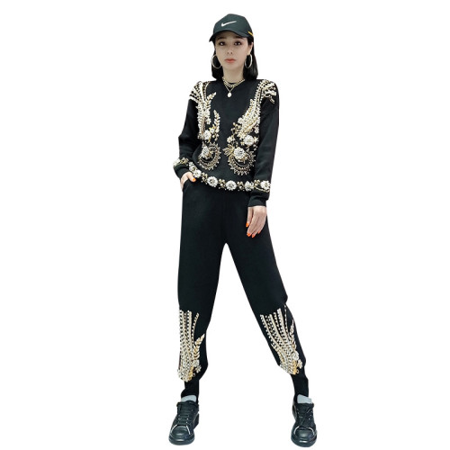 Rhinestone Beadded Trendy Knitted Two Piece Pants Set