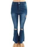 Plus Size Dk-Blue High Waist Ripped Tight Jeans with Pocket