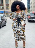 Plus Size Print White Long Sleeves O-Neck Long Dress with Belt