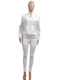 White Zipper Collar Long Sleeve Sweatshirt And Tight Pant 2PCS Sets