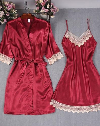 Red Two Piece Short Kimono Robe Pajama 2PCS Set